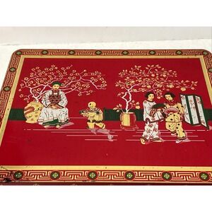Vintage Japanese Scene Geisha Girls Swans Red Green Tin  Box. Made‎ In England.